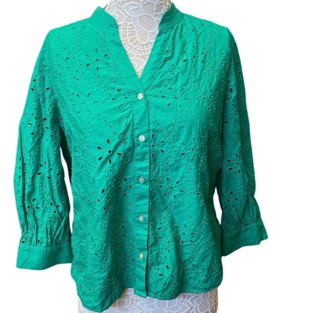 J.Jill Teal Eyelet Cotton Top/Blouse|Size L Petite | Boho Chic Floral Embroidery